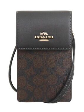 Coach Brown Signature Canvas and Black Leather Phone Crossbody